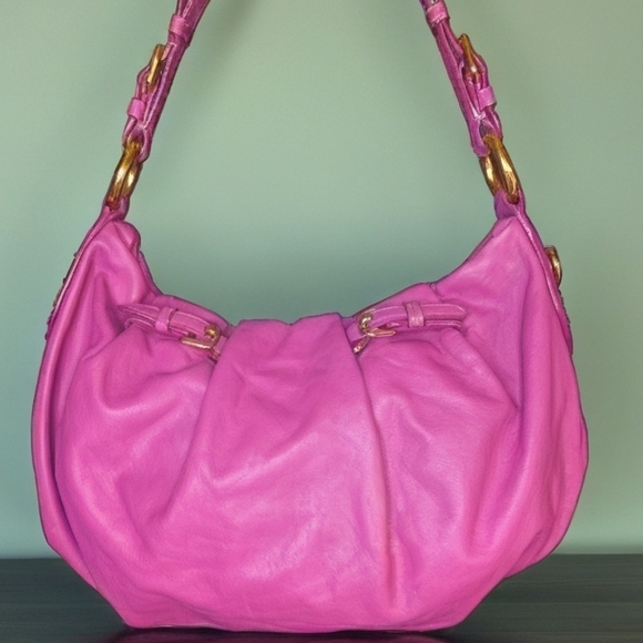 Prada Fuchsia Pink Leather Ruched Hobo Shoulder Bag. With Dustbag. - Picture 6 of 15